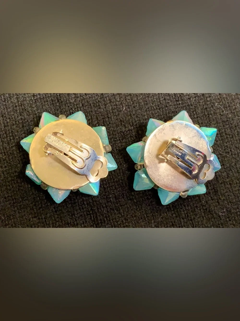 VTG Opalescent Aqua Cluster Clip Earrings Vintage Costume W Germany